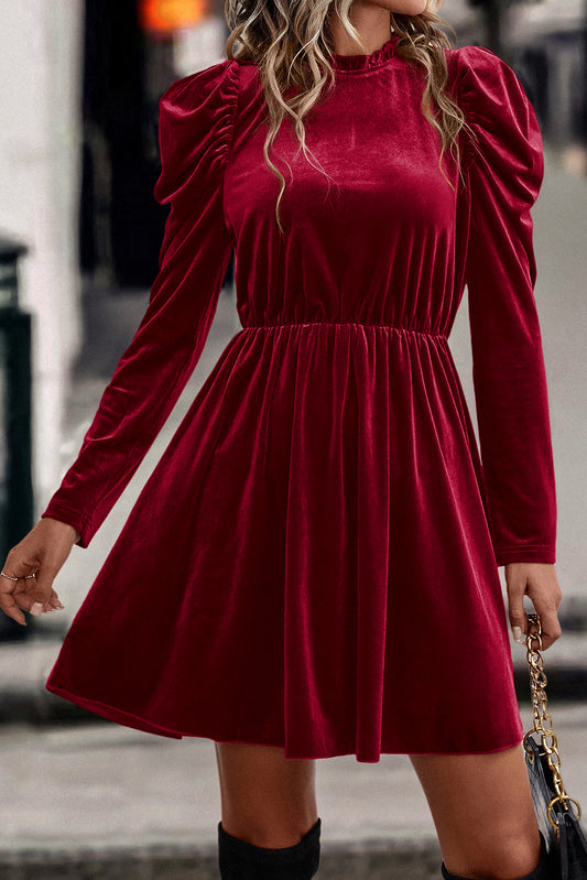 Red Dahlia Velvet Frilled Neck Gigot Sleeve Swing Dress