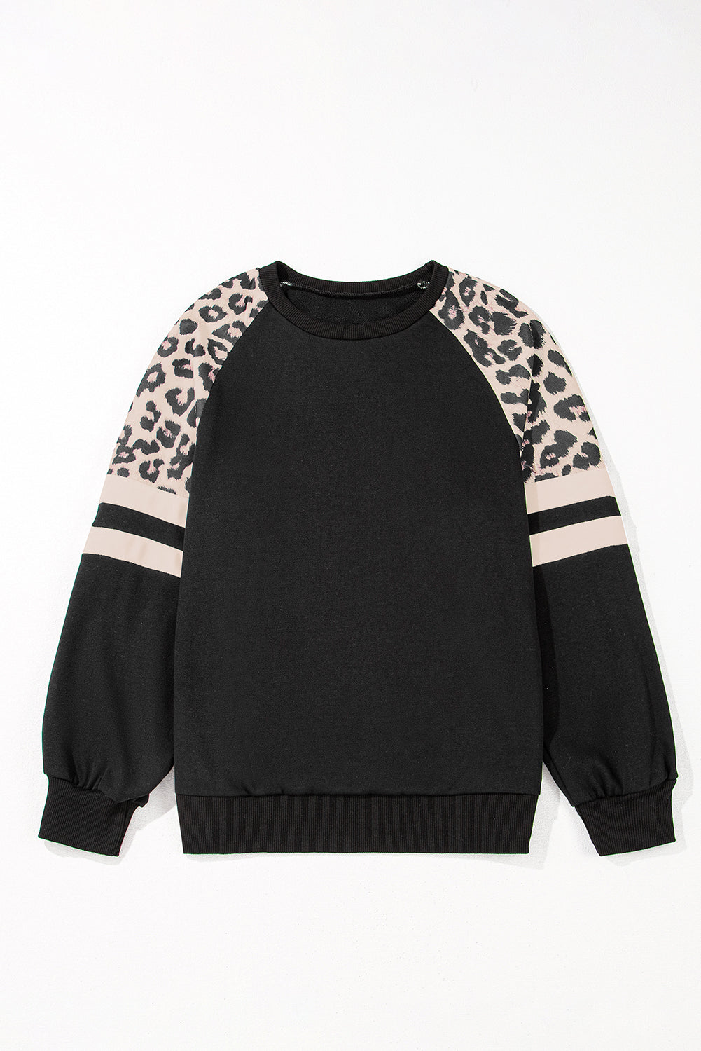 Black Leopard Print Colorblock Raglan Sleeve Sweatshirt