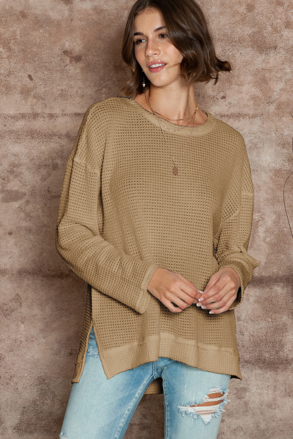 Khaki Plain Waffle Knit Drop Sleeve Side Slits Oversized Top