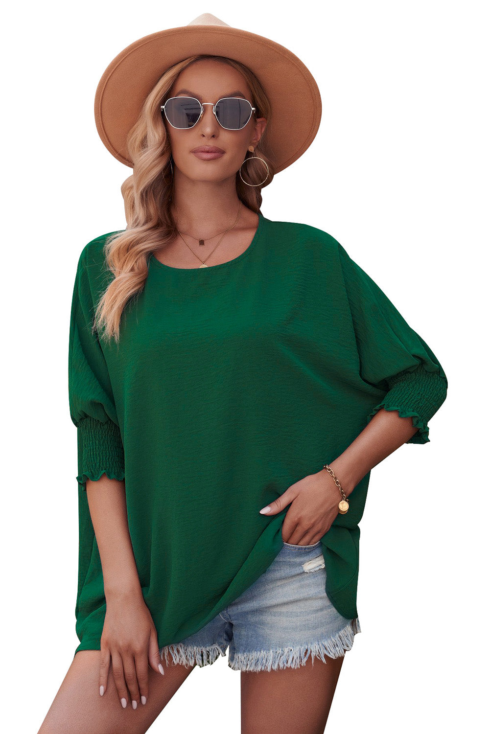 Green Casual Shirred Cuffs Half Sleeve Top