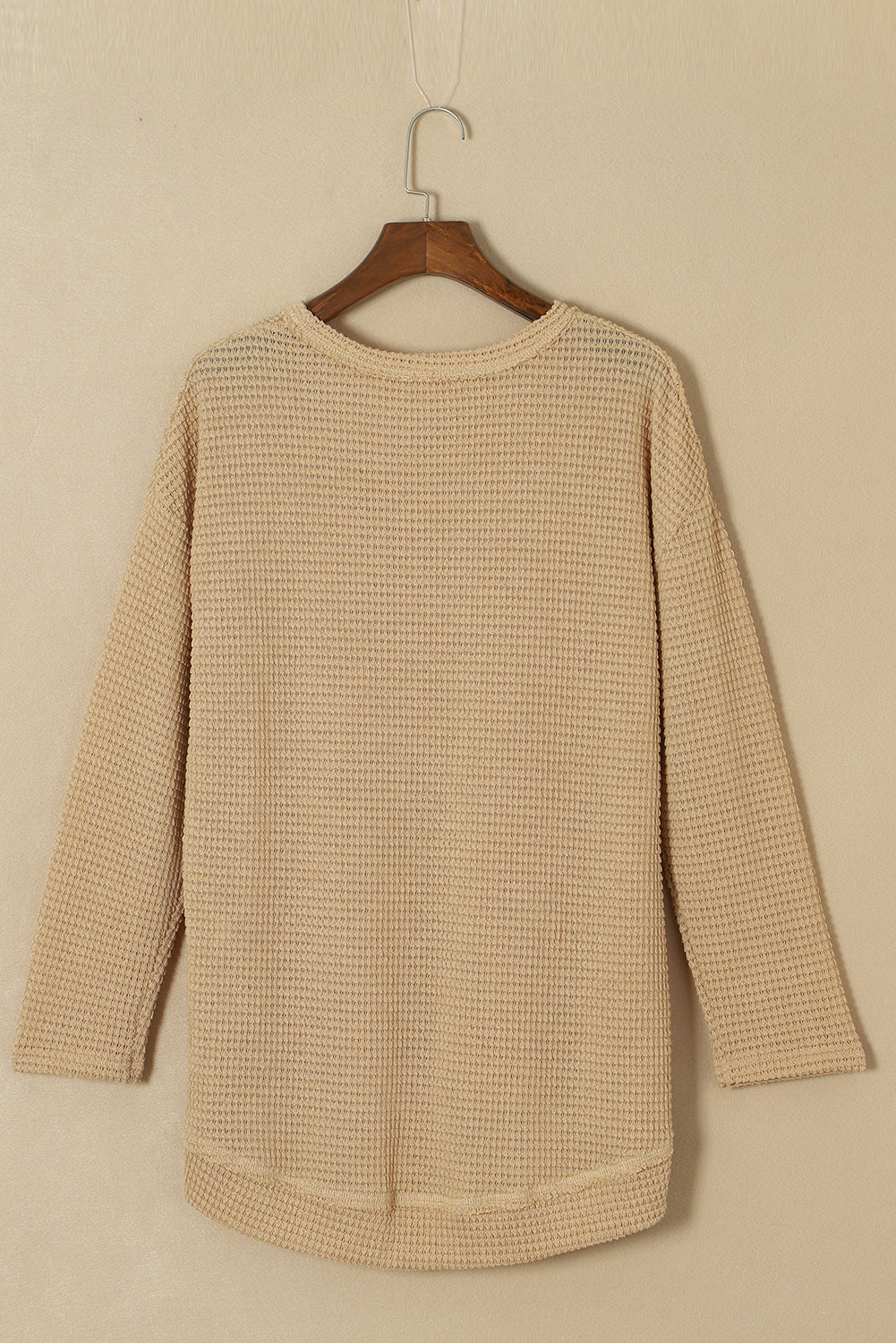 Khaki Plain Waffle Knit Drop Sleeve Side Slits Oversized Top