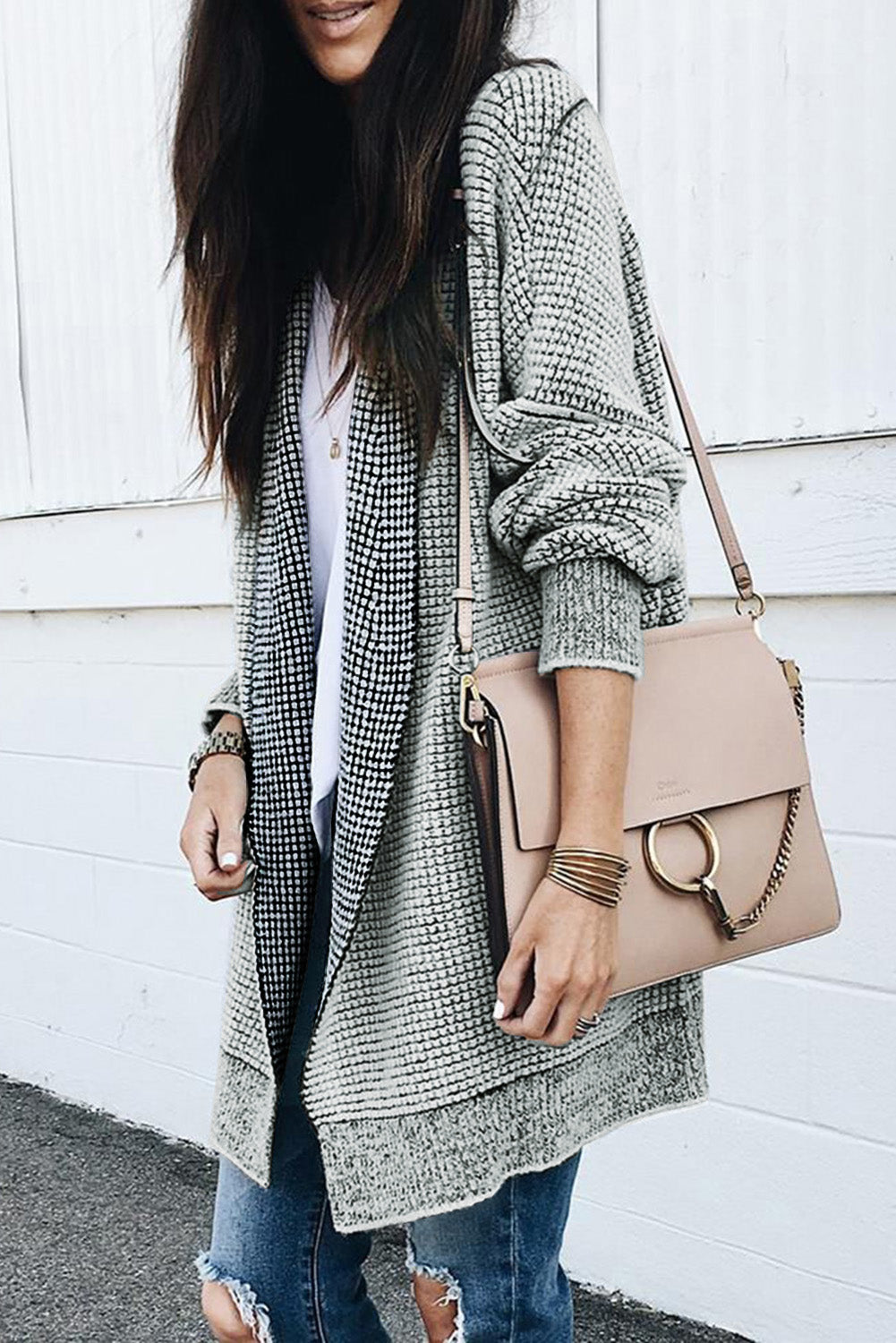 Grey Plaid Contrast Trim Casual Knit Cardigan