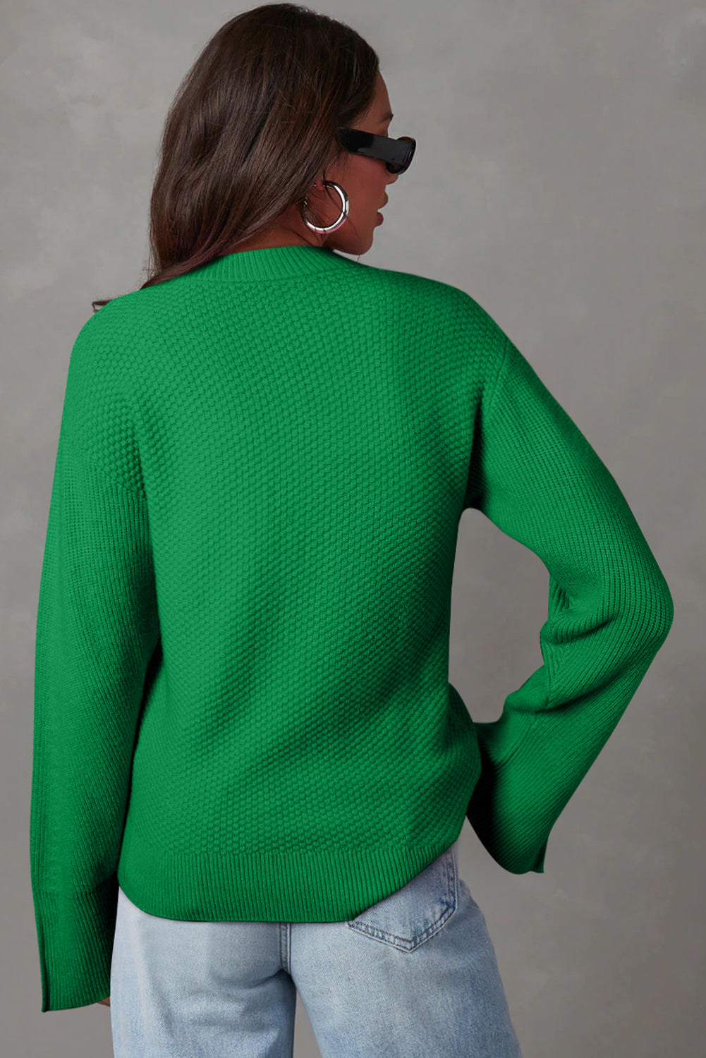 Parchment Solid Textured Knit Split Cuff Drop Shoulder Sweater