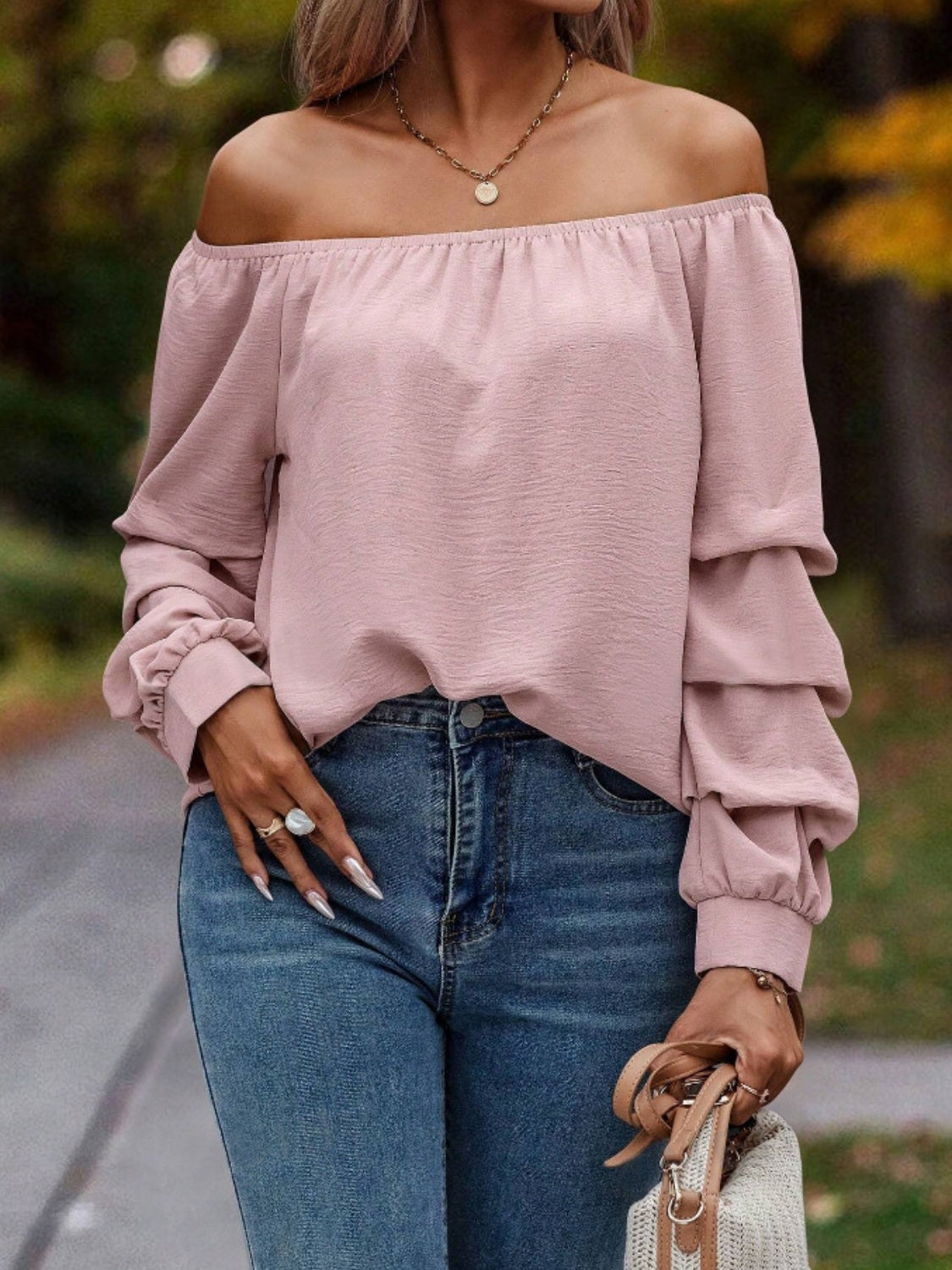 Ruched Off-Shoulder Long Sleeve Blouse