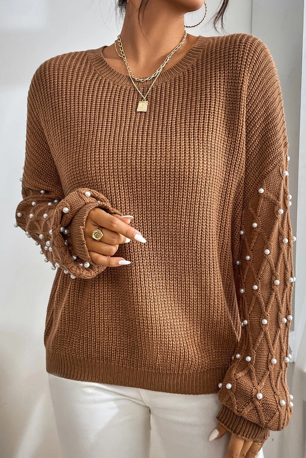 Chestnut Beaded Drop Shoulder Round Neck Sweater