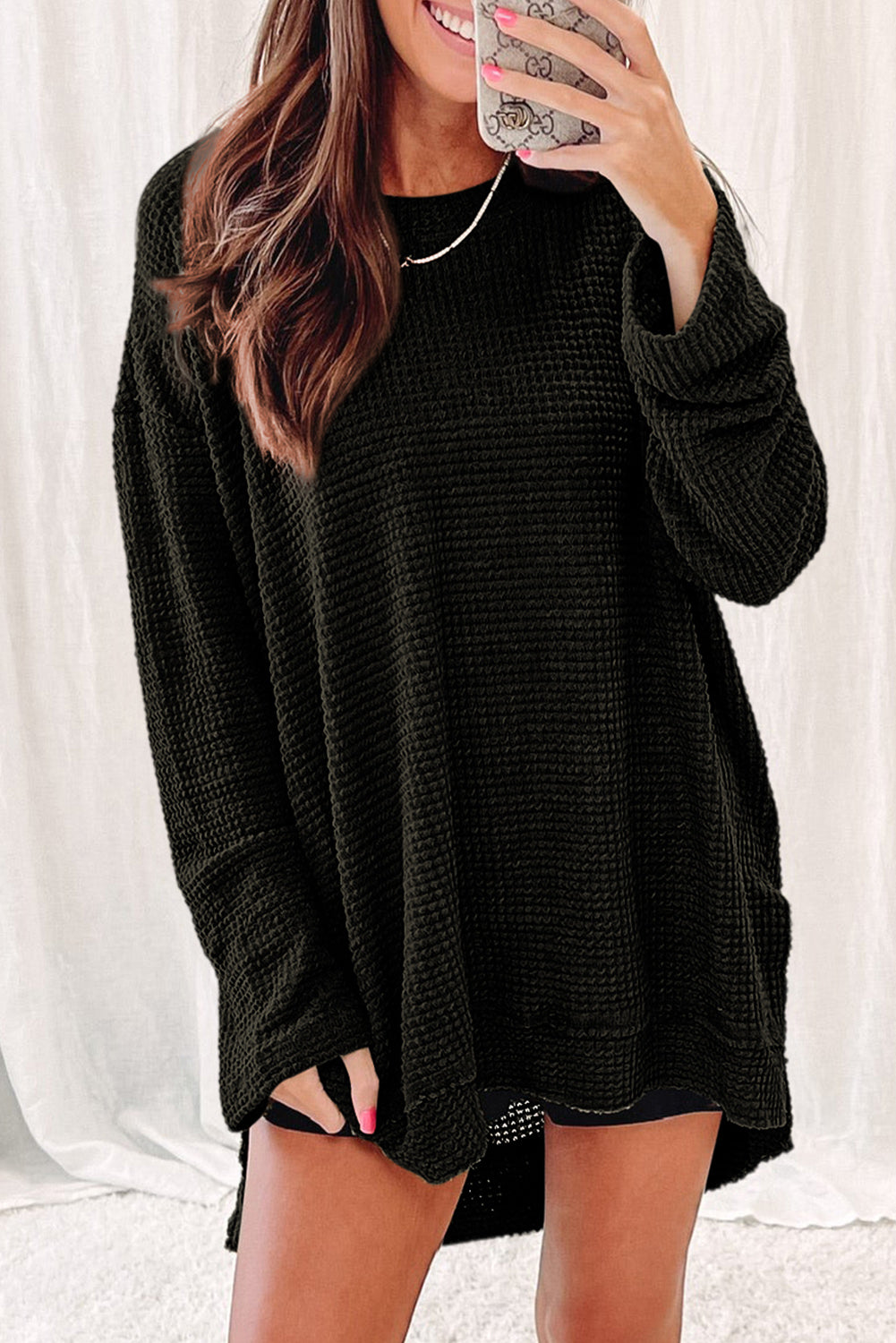 Khaki Plain Waffle Knit Drop Sleeve Side Slits Oversized Top