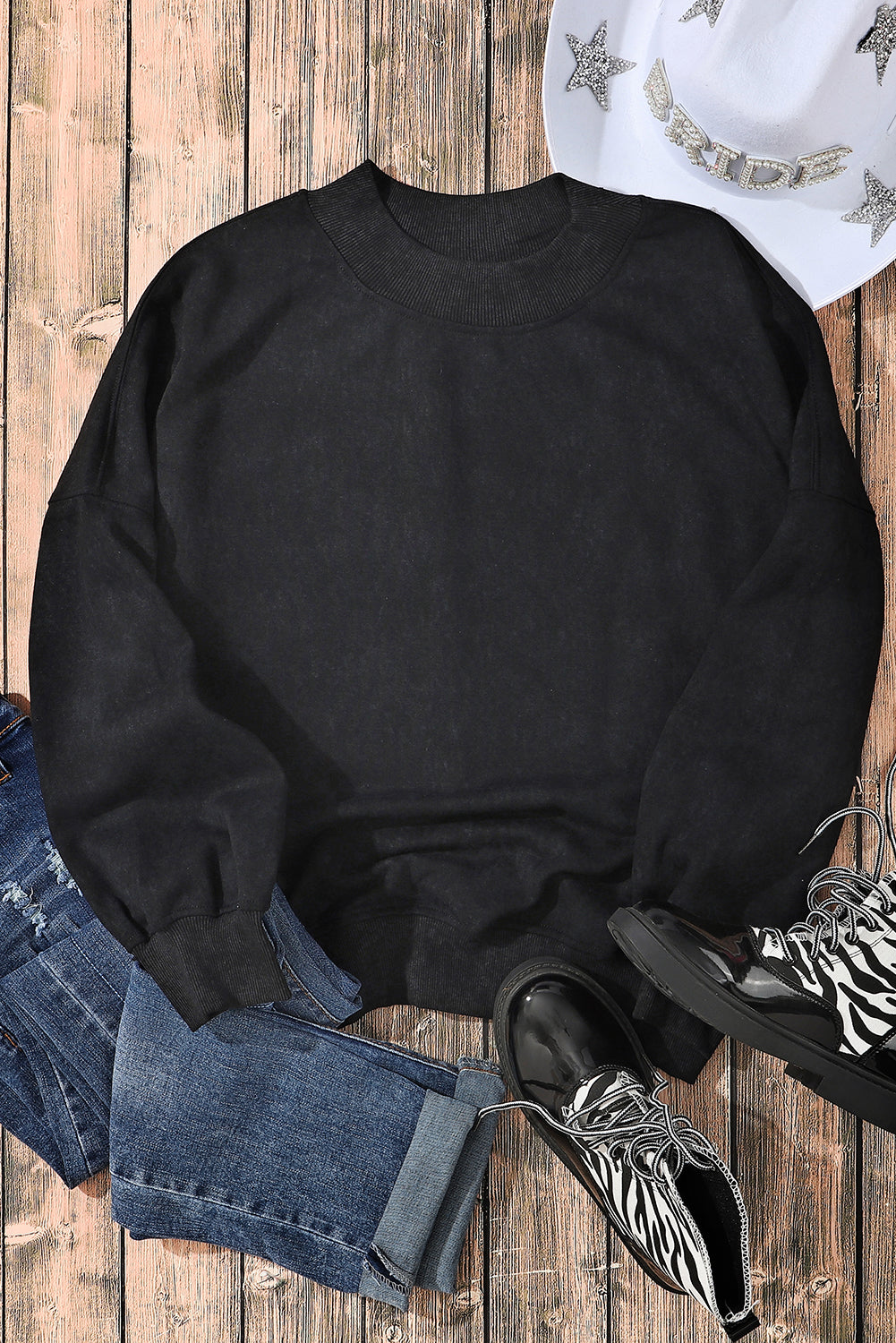 Black Drop Shoulder Crew Neck Pullover Sweatshirt