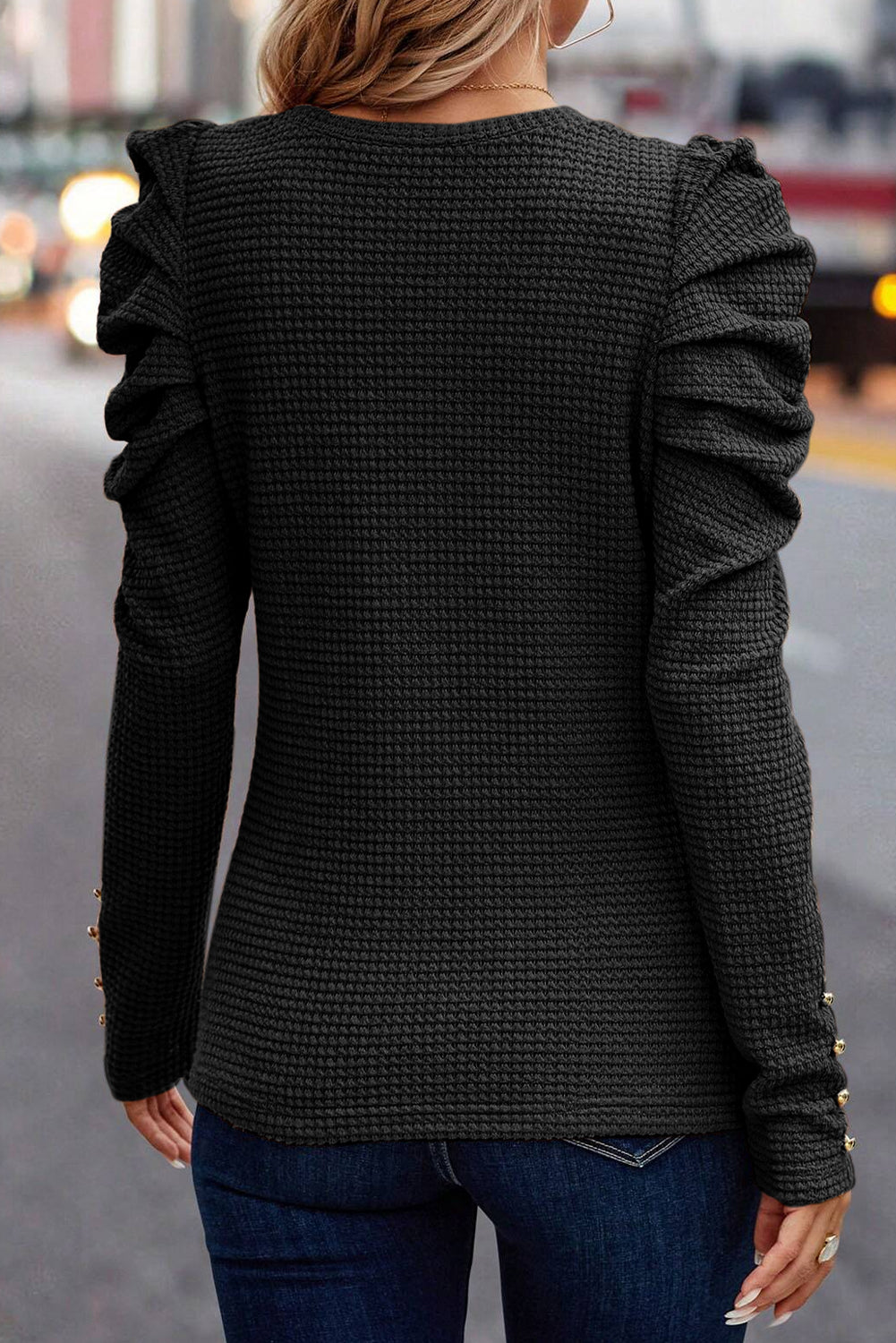 Black Solid Color Textured Ruched Long Sleeve Top