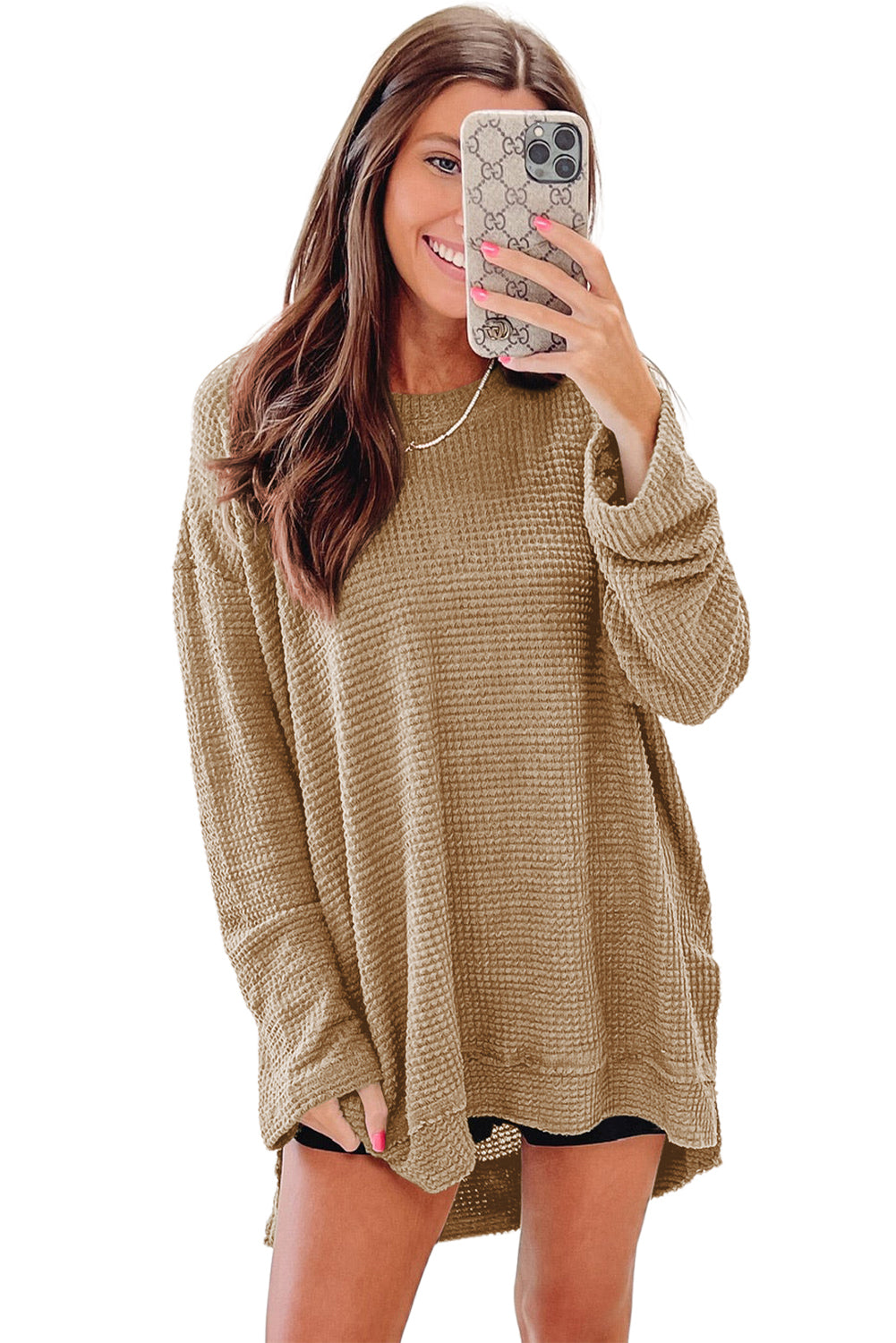 Khaki Plain Waffle Knit Drop Sleeve Side Slits Oversized Top