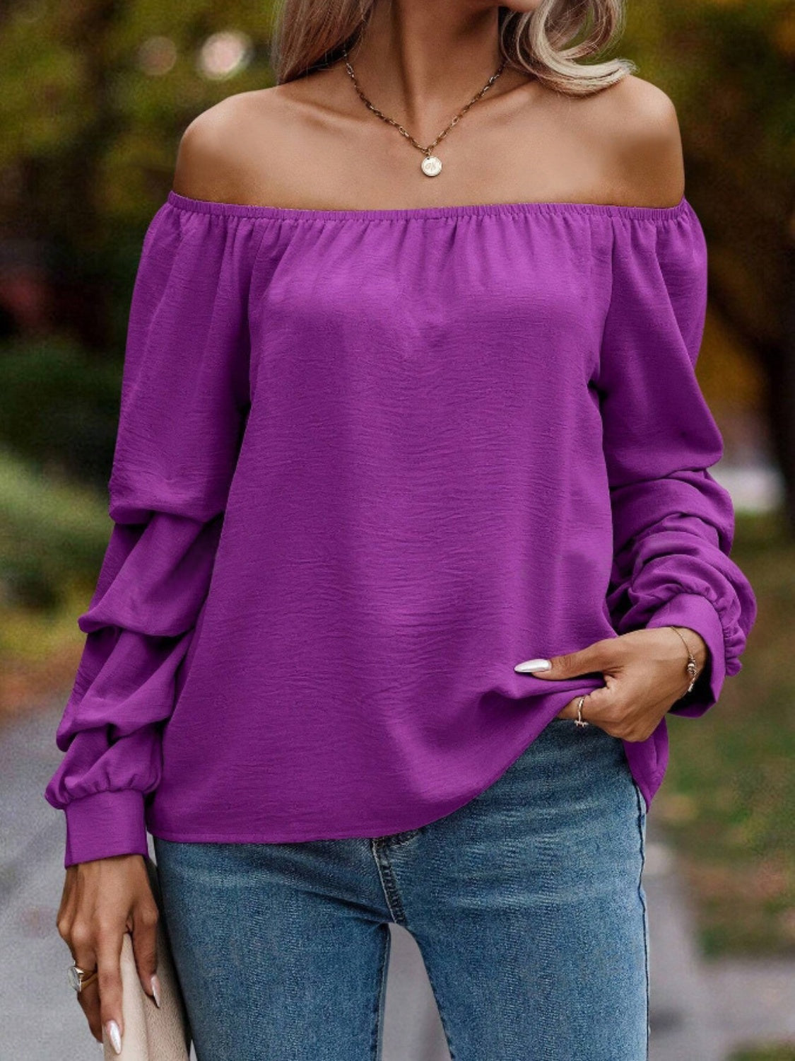 Ruched Off-Shoulder Long Sleeve Blouse