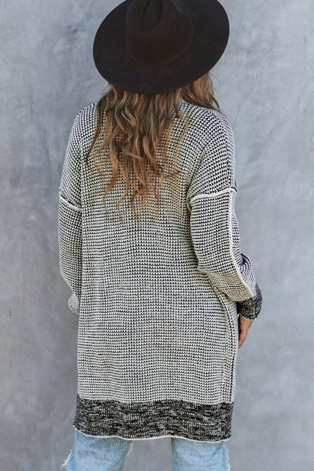 Grey Plaid Contrast Trim Casual Knit Cardigan