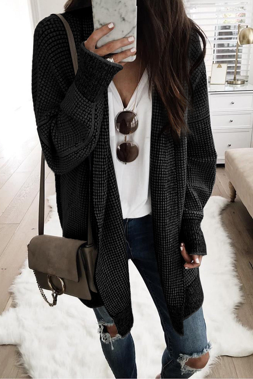 Grey Plaid Contrast Trim Casual Knit Cardigan