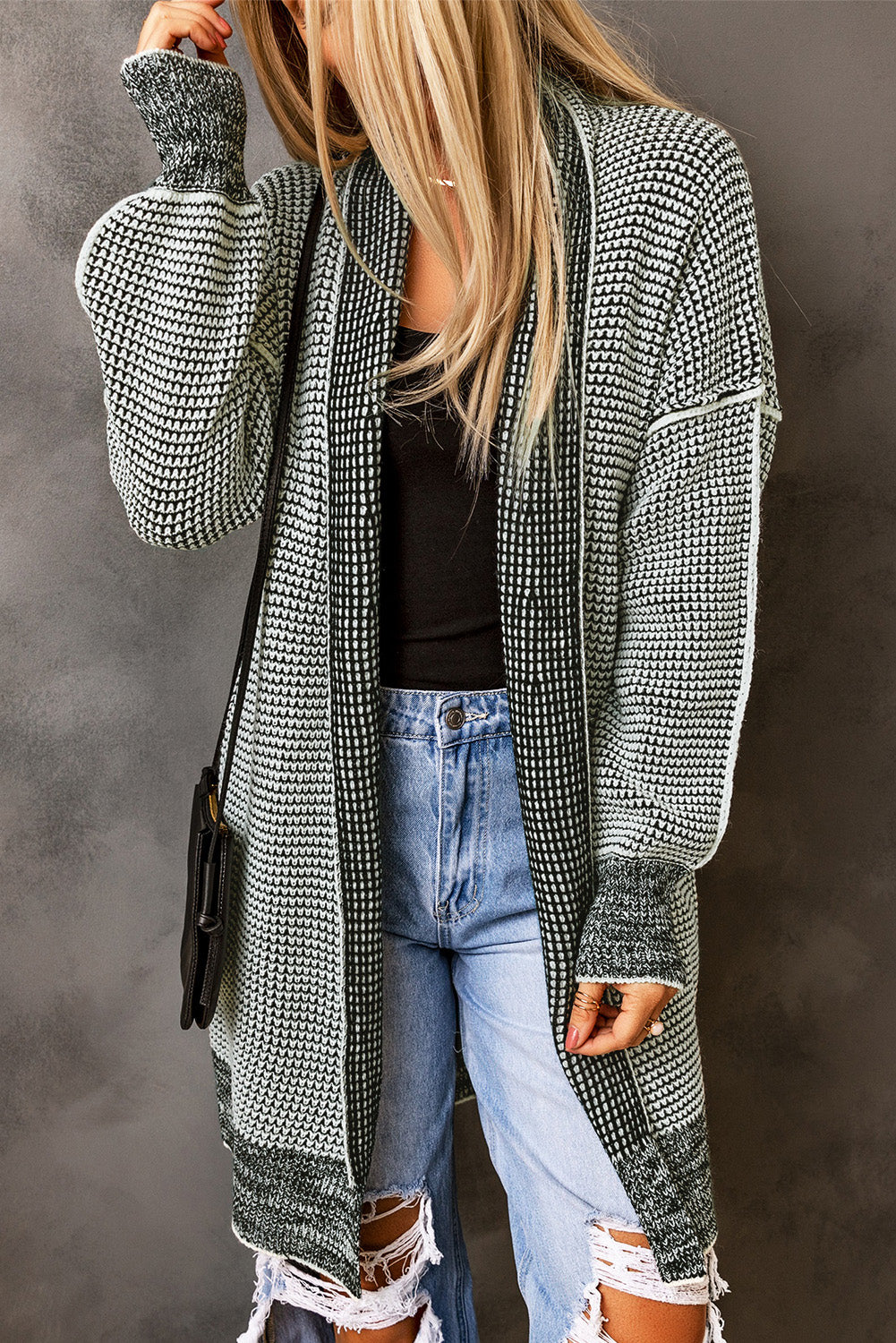 Grey Plaid Contrast Trim Casual Knit Cardigan