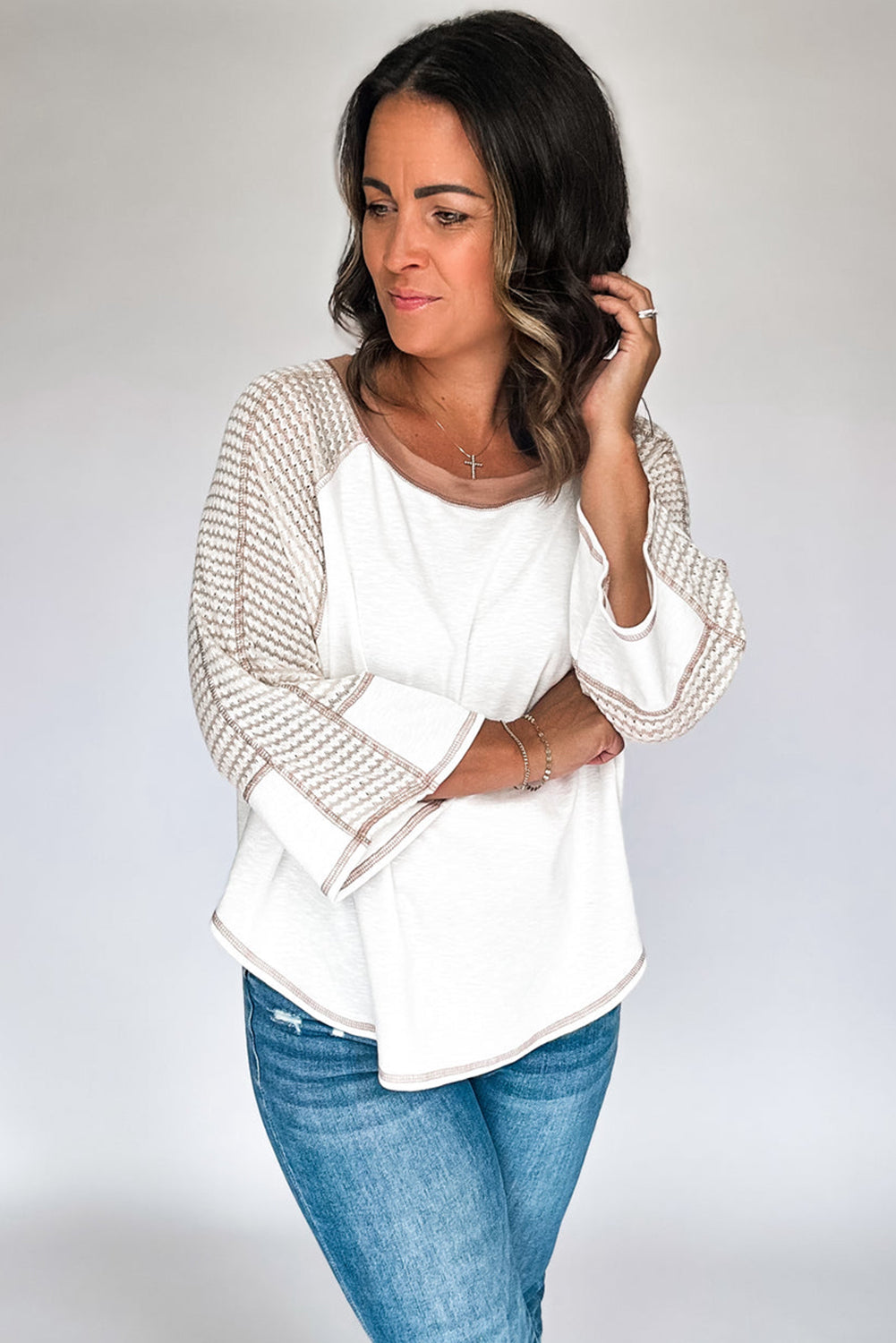 White Striped Raglan Sleeve Patchwork Top