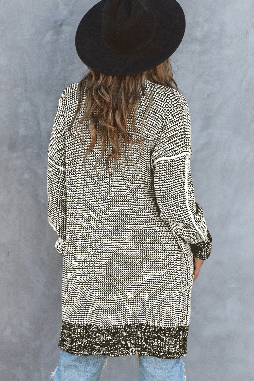 Grey Plaid Contrast Trim Casual Knit Cardigan