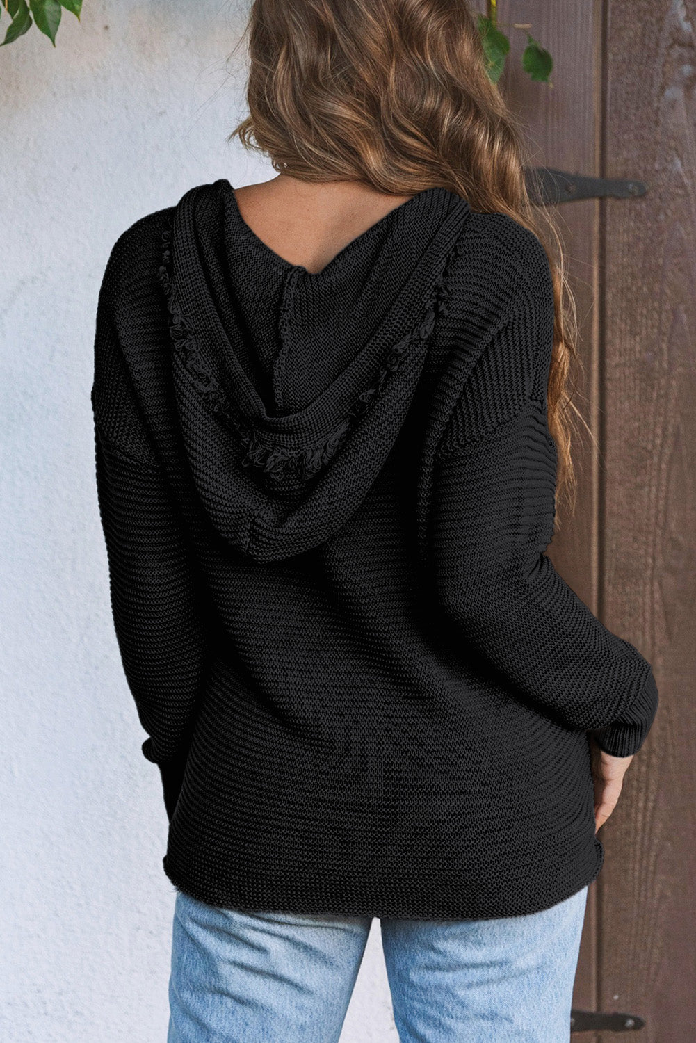 Black V Neck Ribbed Drop Shoulder Hooded Sweater