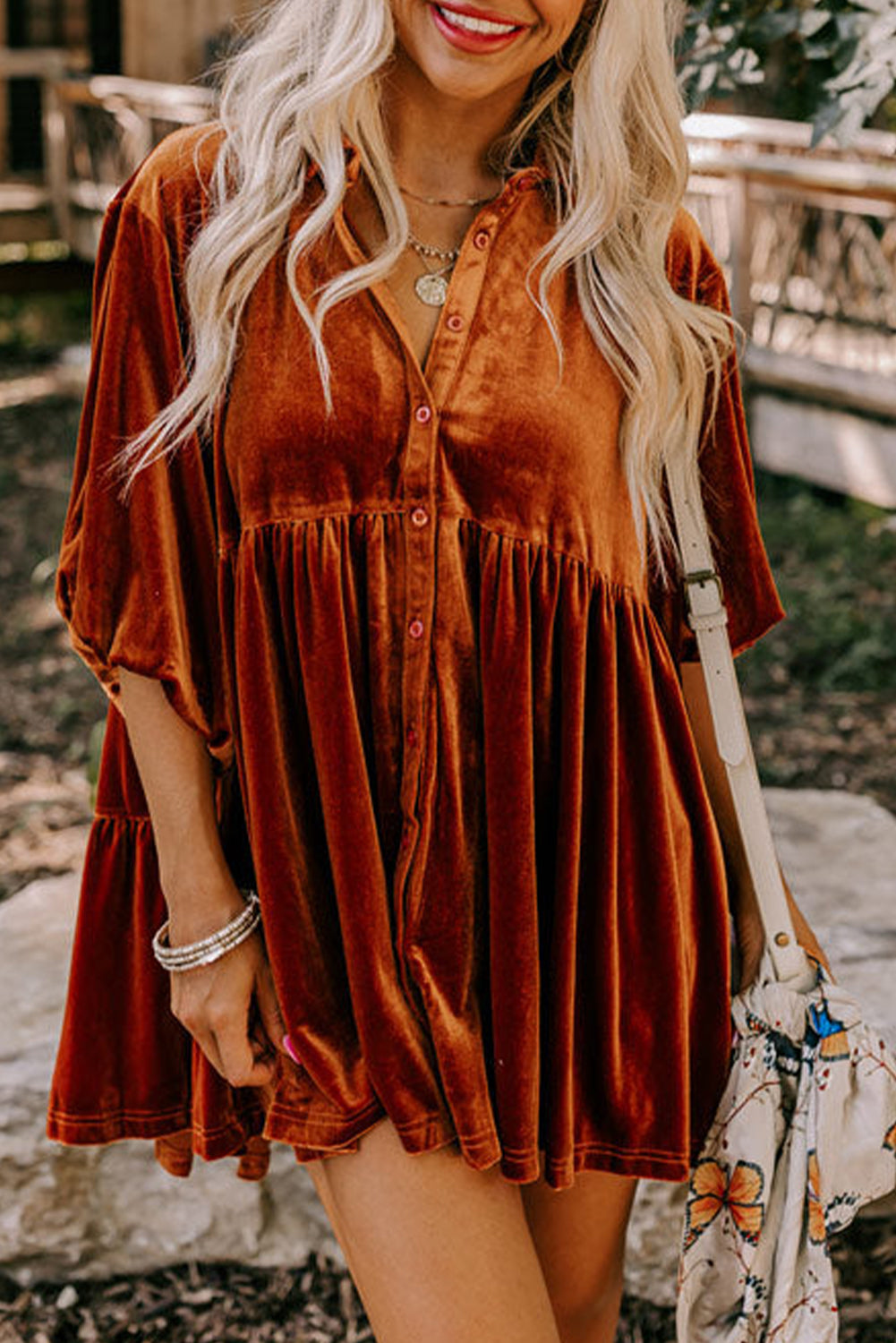 Chestnut Lantern Sleeve Tunic Babydoll Velvet Shirt