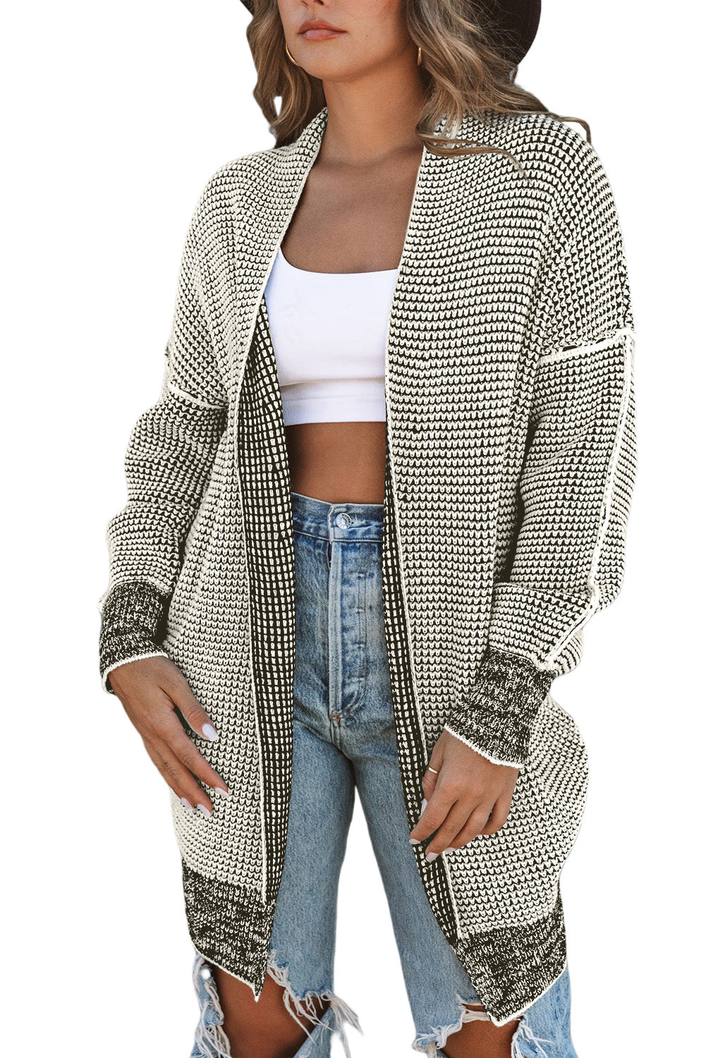 Grey Plaid Contrast Trim Casual Knit Cardigan