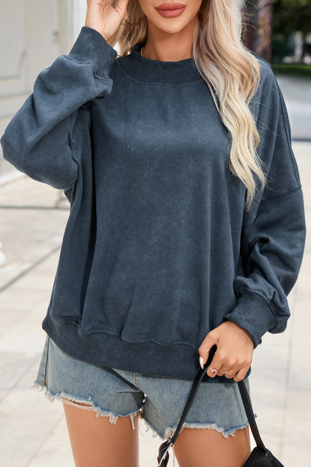 Sky Blue Drop Shoulder Crew Neck Pullover Sweatshirt