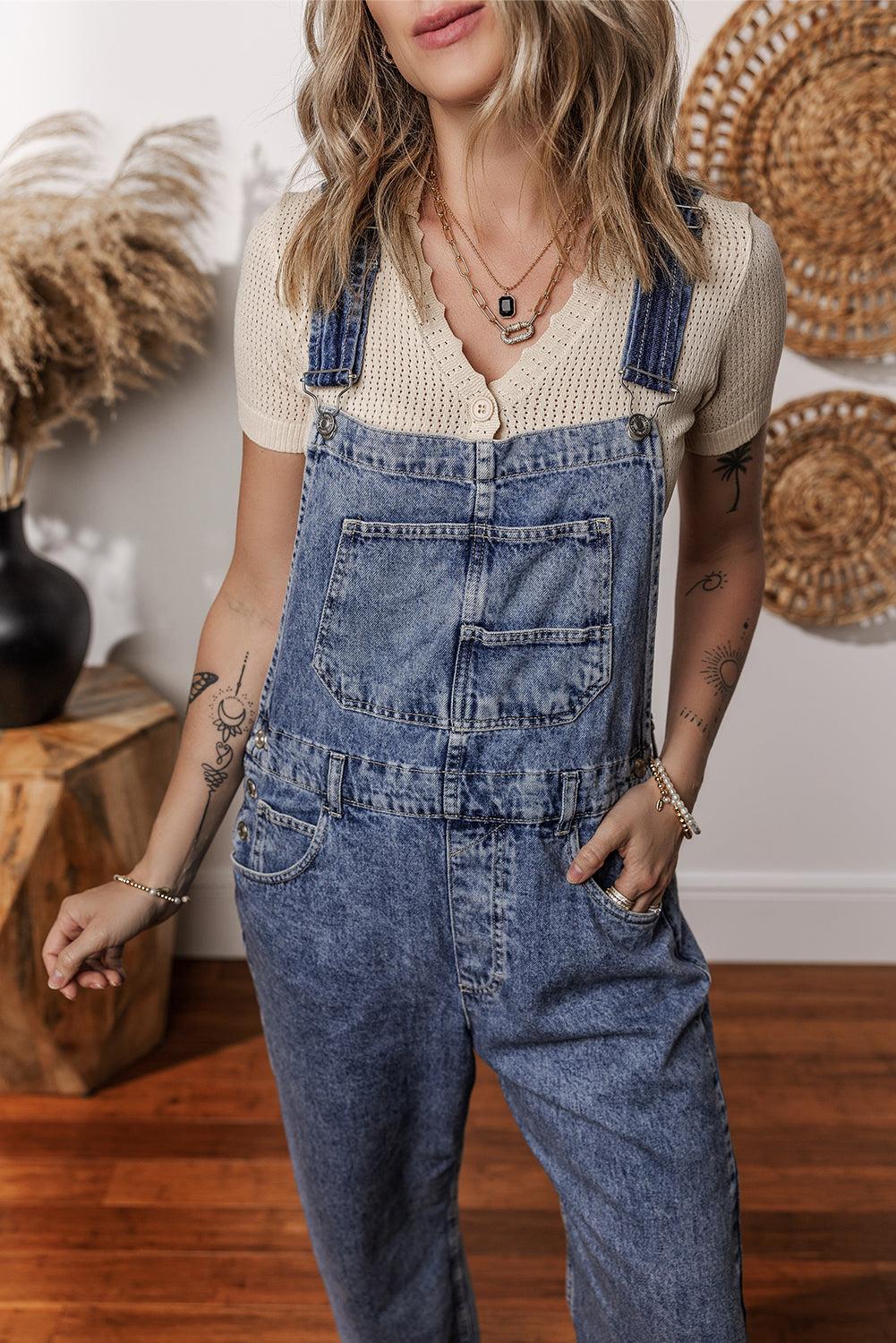 Sail Blue Denim Bib Straight Leg Jumpsuit with Pockets