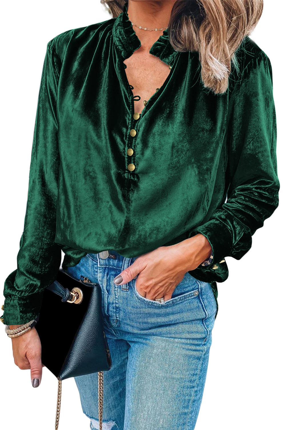 Green Frilled Neck Buttoned Front Velvet Top