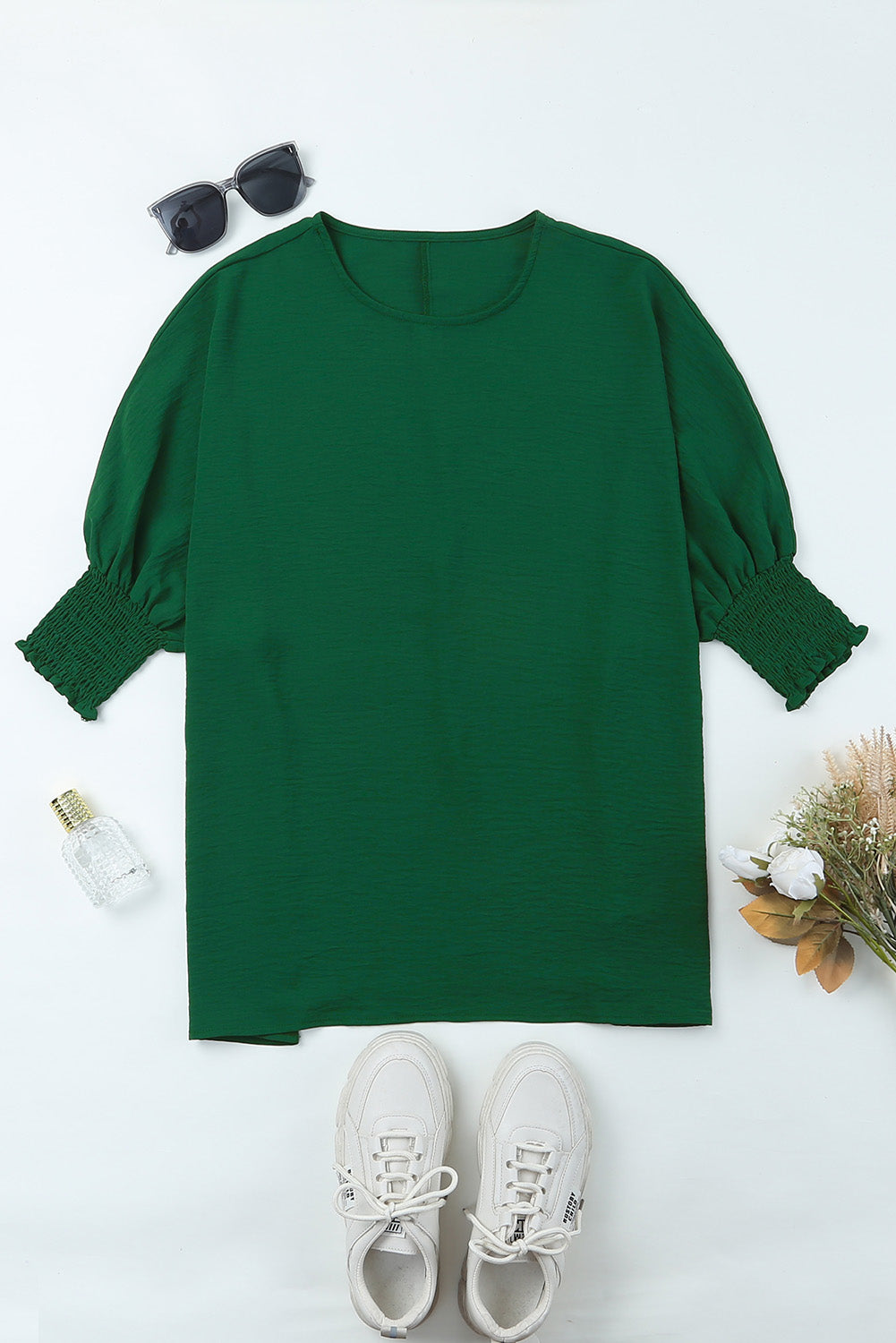 Green Casual Shirred Cuffs Half Sleeve Top