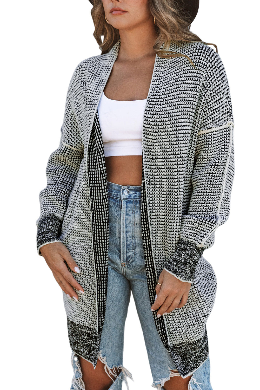 Grey Plaid Contrast Trim Casual Knit Cardigan