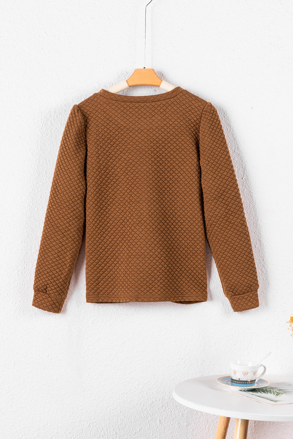 Brown Solid Color Quilted Puff Sleeve Pullover Sweatshirt