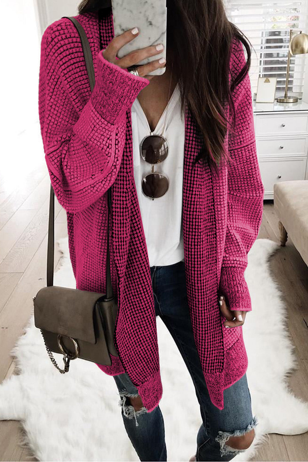 Grey Plaid Contrast Trim Casual Knit Cardigan