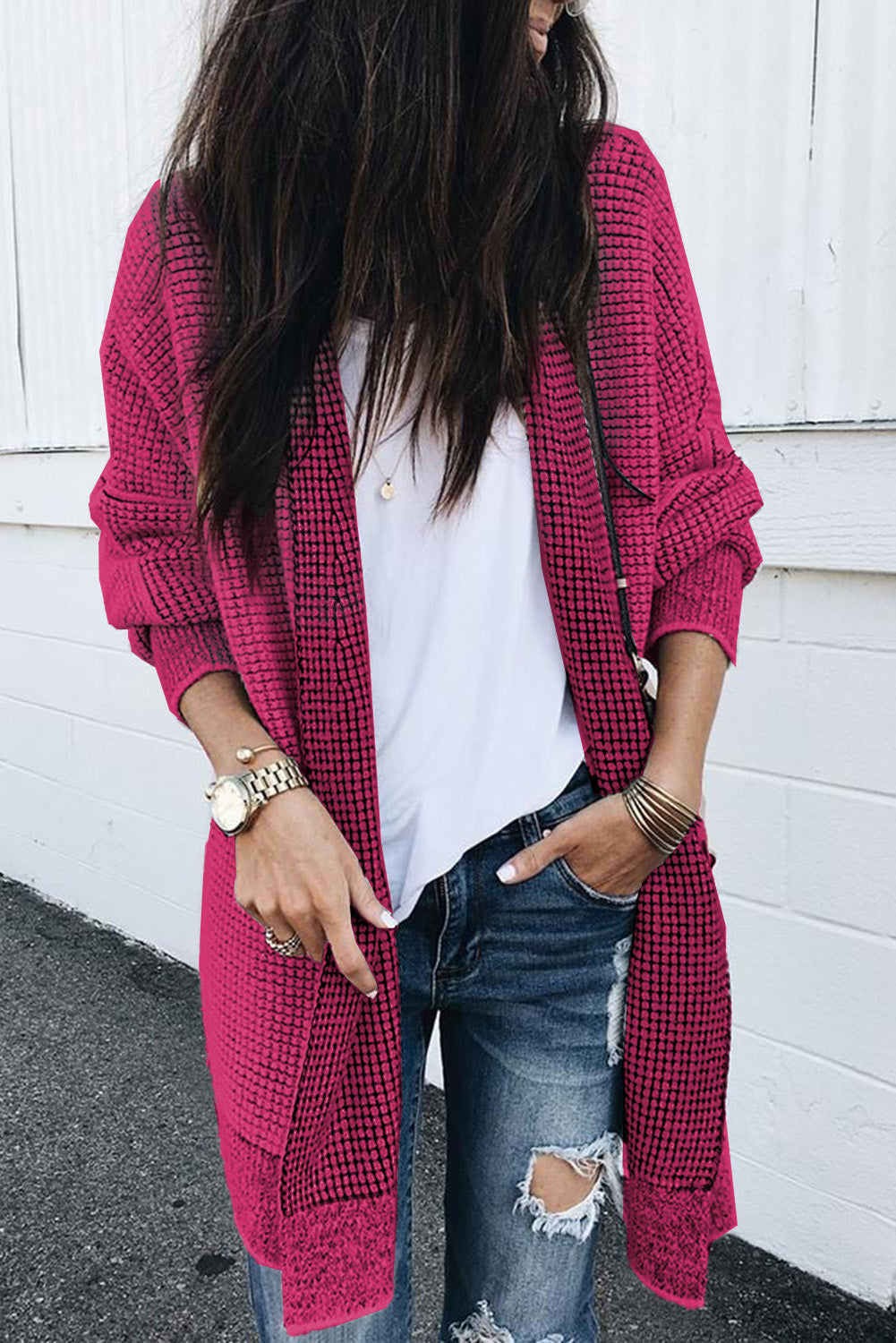 Grey Plaid Contrast Trim Casual Knit Cardigan