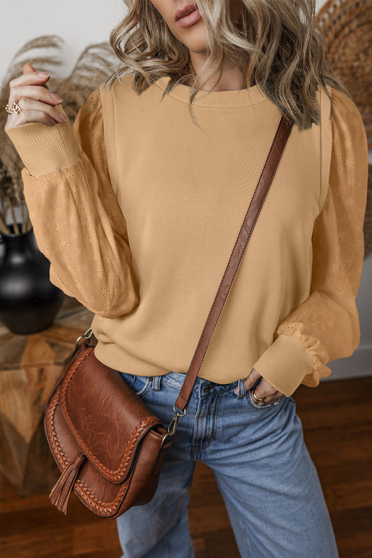 Pale Khaki Solid Patchwork Sleeve Round Neck Sweatshirt