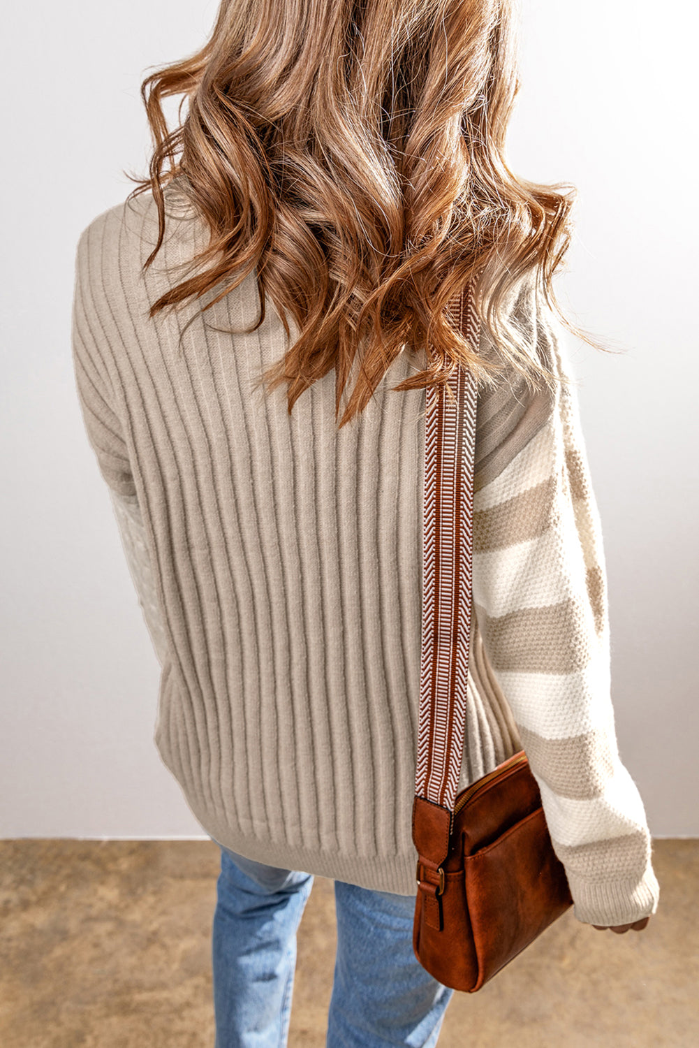 Khaki Cable Knit Colorblock Crew Neck Drop Shoulder Sweater