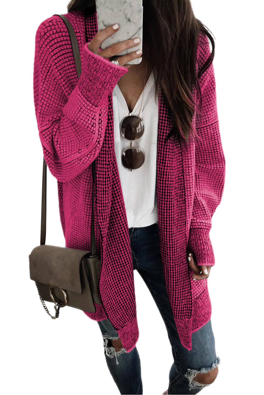 Grey Plaid Contrast Trim Casual Knit Cardigan