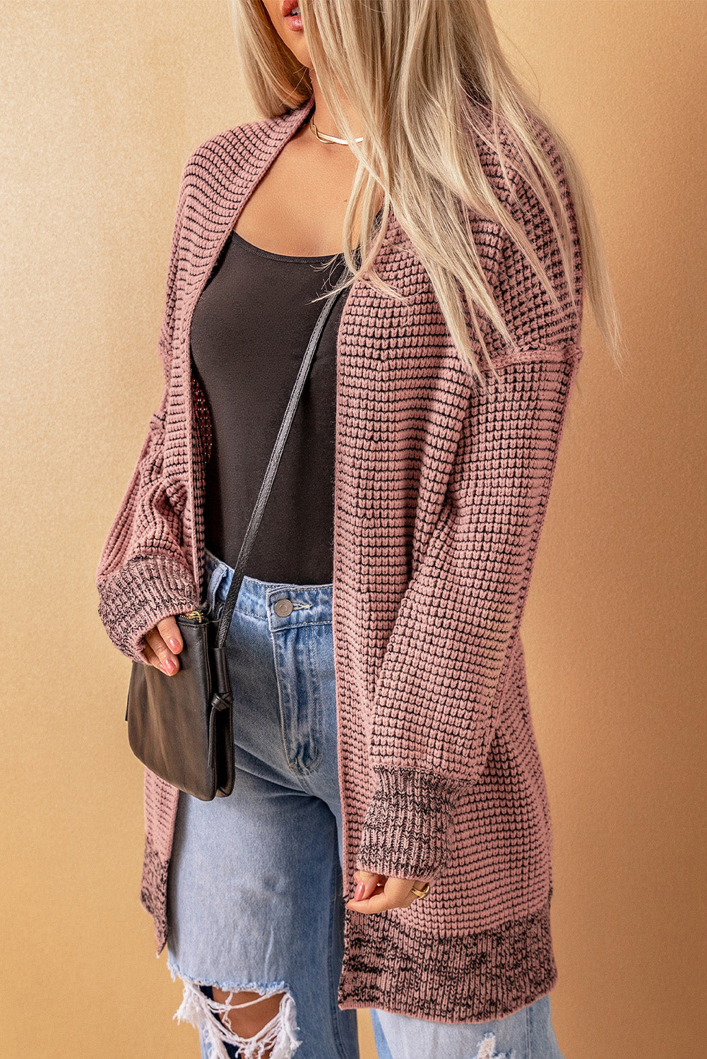 Grey Plaid Contrast Trim Casual Knit Cardigan