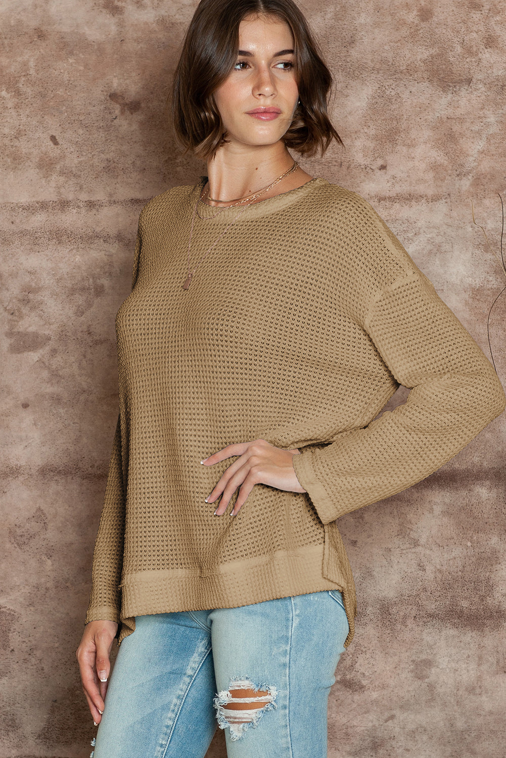 Khaki Plain Waffle Knit Drop Sleeve Side Slits Oversized Top