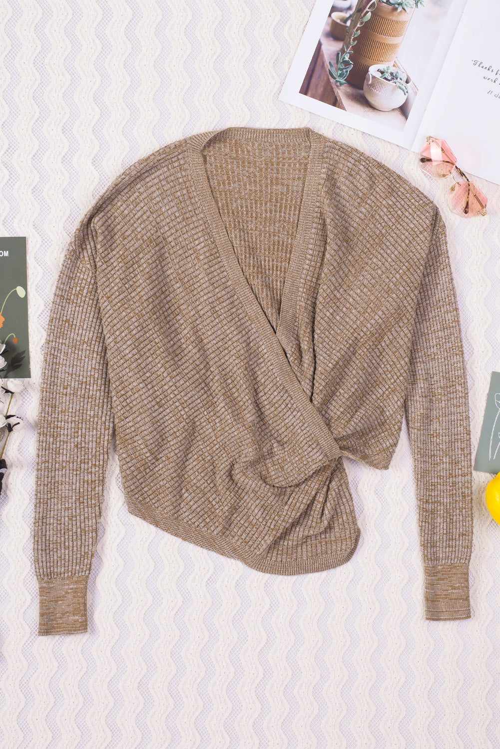 Khaki Wrap V Neck Waffle Sweater