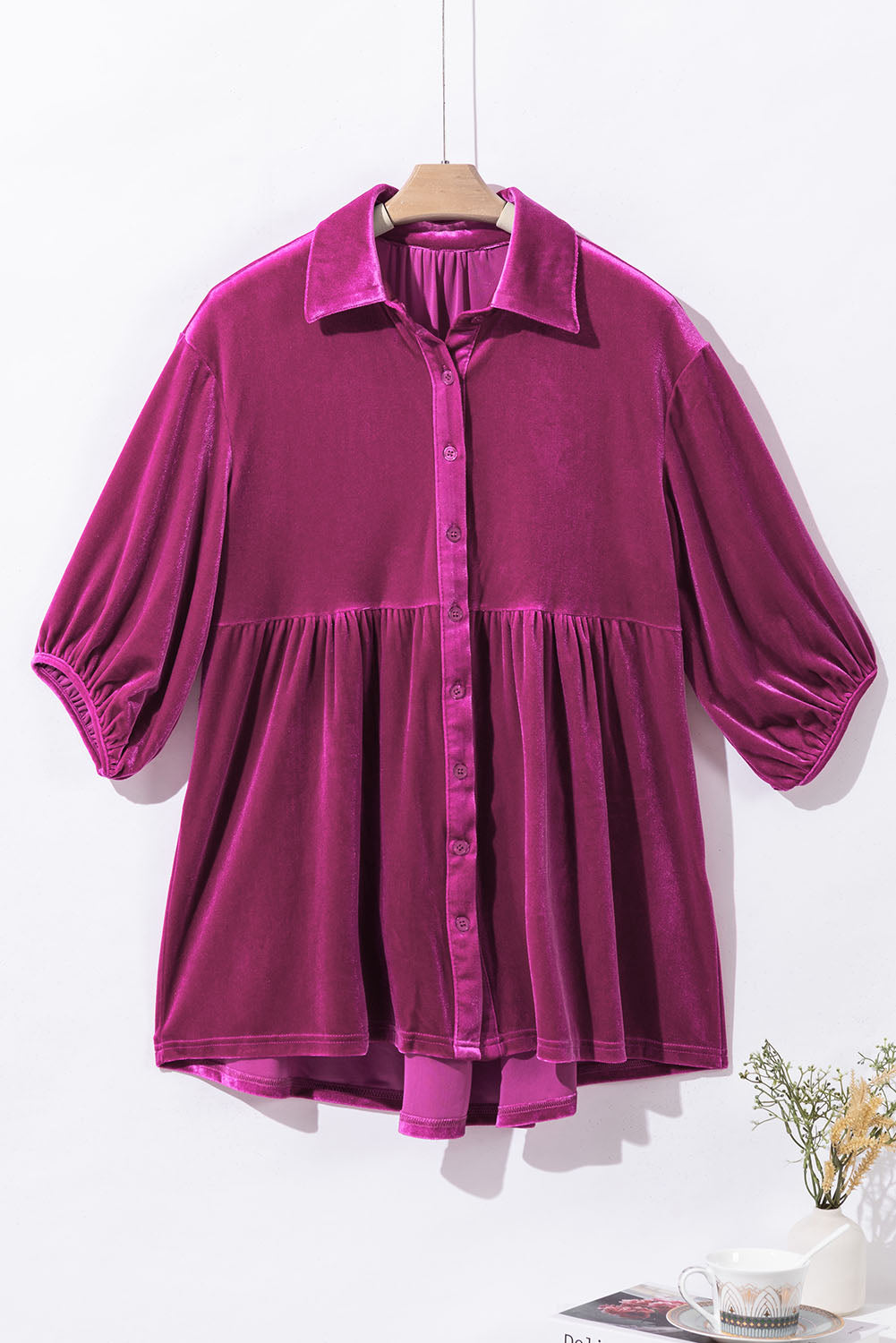 Chestnut Lantern Sleeve Tunic Babydoll Velvet Shirt