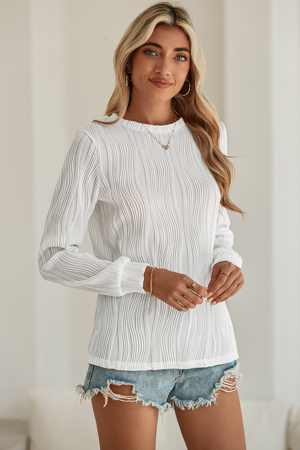 Apricot Wavy Textured Solid Color Drop Shoulder Pullover Top